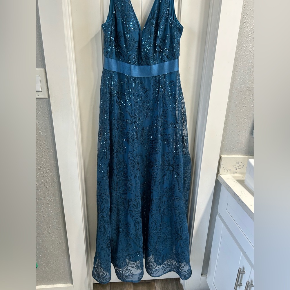 Elegant Teal Blue Sequin Evening Gown - Picture 2 of 5